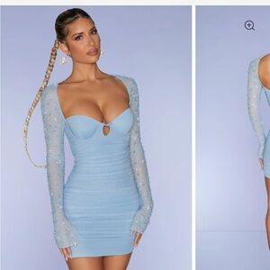 Oh Polly Light Blue Embellished Long Sleeve Dress